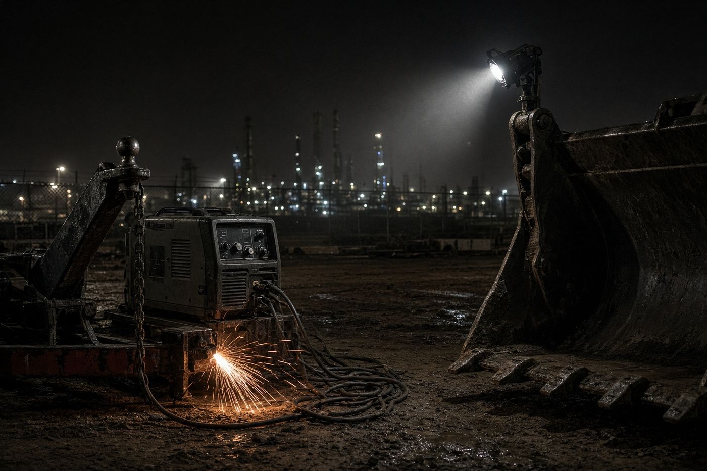 Welding leads and work light set up beside heavy equipment at night
