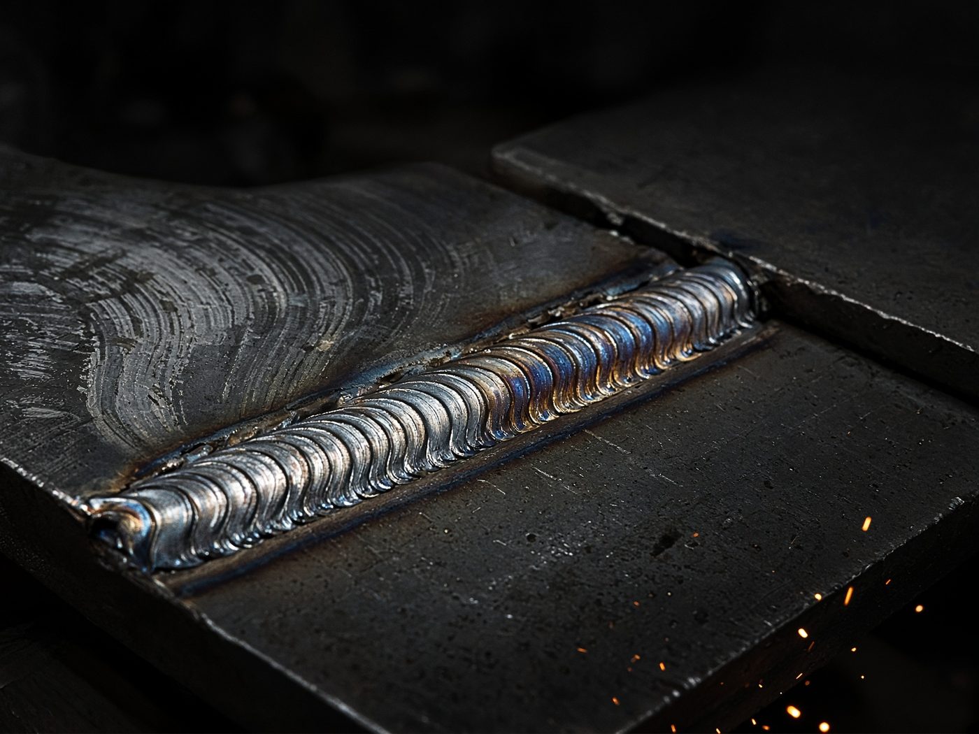 Close-up of a finished weld bead on thick steel plate